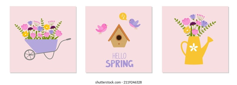 Set of spring mood posters template. Welcome spring season greeting card. Minimalist postcards with cute cartoon elements and lettering. Doodle flat style