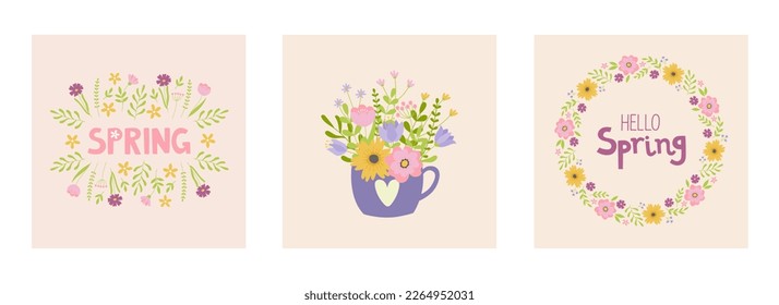 Set of spring mood posters template. Welcome spring season greeting card. Minimalist postcards with cute cartoon elements and lettering. Doodle flat style.