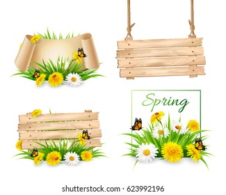 Set of spring nature banners with flowers and a wooden sign. Vector.