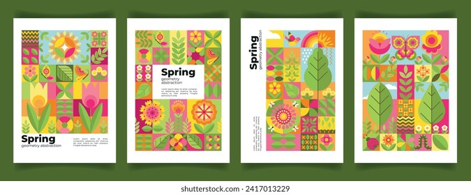 Set of spring nature geometric backgrounds. Abstract cover with icons of flowers, leaves, butterflies, ladybug, flying bird, rainbow. Beautiful floral pattern with stylized decorative elements