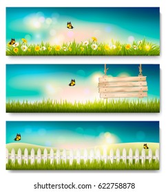 Set of spring nature landscape banners with grass and wooden sign. Vector. 