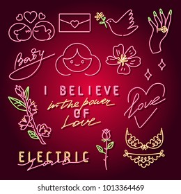 Set spring neon sign. Neon sign, bright signboard, light banner. Vector icons