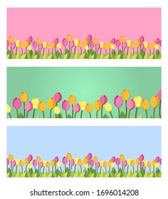 Set of spring paper cut tulips horizontal banners. Collection of banners with floral elements. Vector mock up illustration. Space for text postcards with flowers