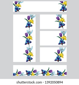 Set of spring patterns with contour flowers: snowdrop, iris, crocus. Template for romantic design, announcements, cards, advertising, posters. White isolated background. Stock vector illustration
