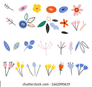 Ensemble de plantes printanières dans un style plat. Des bourgeons de fleurs sauvages. Joli design rétro aux couleurs vives pour autocollants, étiquettes, étiquettes, enveloppement de cadeaux. Forêt de printemps précoce et fleurs de jardin isolées 
sur image vectorielle blanche.