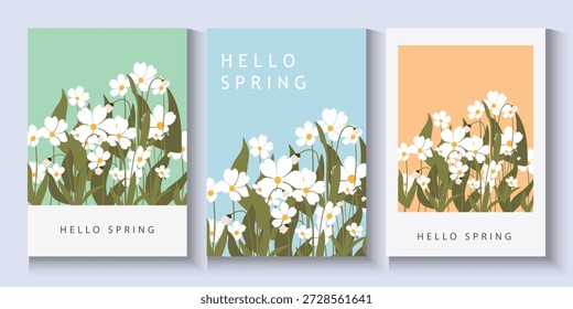 set of spring poster holiday in modern art style. Greeting cards with  flowers in pastel colors and trendy typography.Abstract floral background for Mother's Day, Women's Day March 8, birthday, Easter