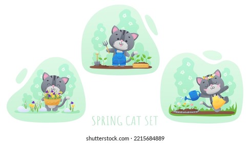 Set of spring posters with cute gray cat, kitty with blue watering can, green sprouts, shovel, rake, first flowers, snowdrops and flowering trees on green background. Vector illustration for calendar.