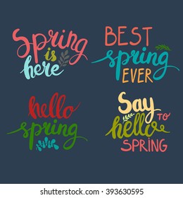 Set of spring posters. Hello spring. Vector. Lettering design for posters, t-shirts, cards, invitations, stickers.