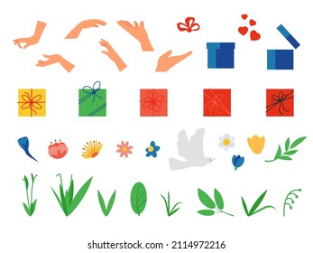 Set of spring and present surprise isolated vector elements. Hands, ribbon, heart shapes, gift boxes, flowers and stems with leaves. Create our own design, make a print or sticker pack, decoration.