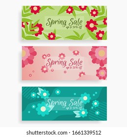Set of spring promo banners with discount up to 50% green blue and pink with flowers and leaves isolated on a white background