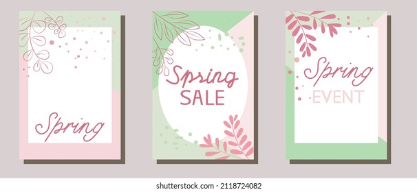 Set of spring promotion template. Spring sale, event cover design collection. Spring leaves graphic frames. 