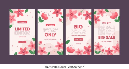 Set of spring promotional sale backgrouds with sakura branch. Cherry blossoms social media template collection