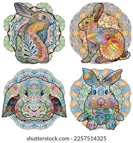 Set of spring rabbits on mandala for decoration. Colorful vector illustration.
