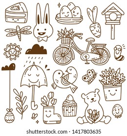 set of spring related object in kawaii doodle style