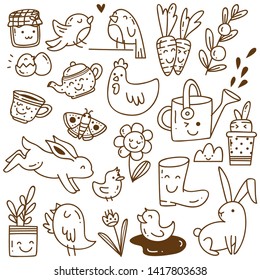 Set Of Spring Related Object In Kawaii Doodle Style