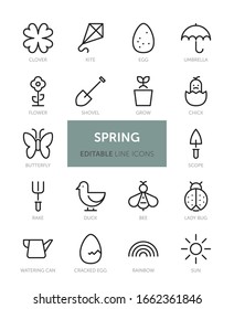 Set of Spring related vector line icons with editable stroke. Contains icons such as Egg, Clover, Gardening, Weather and more.