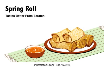 set of spring roll, a set of fried spring roll and souce on the platematt with text and white background, hand drawing close up realistic vector illustration. 