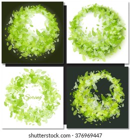 Set of Spring round backgrounds with green leaves. Vector illustration.