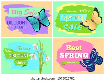 Set of spring sale advertisements with springtime discount offers and tags, colorful butterflies, snowdrops blooming flowers vector illustration