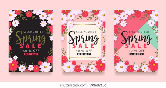 Set Of Spring Sale Background Banner Poster With Beautiful Colorful Flower. Vector Illustration.