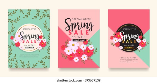 Set of Spring sale background banner poster with beautiful colorful flower. Vector illustration.