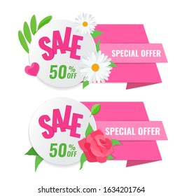 Set of spring sale banner with rose and chamomile. Blooming flowers on discount label. Vector stock image