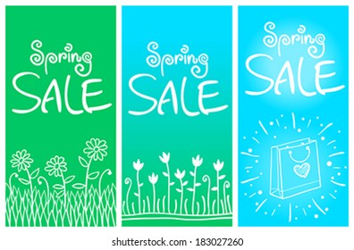 Set of spring sale banners with cute hand drawn flowers and bag. Vector illustration, easy editable