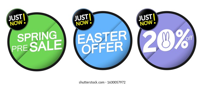 Set Spring Sale banners design template, pre-order season tags, Easter offer, discount 20% off, just now, vector illustration