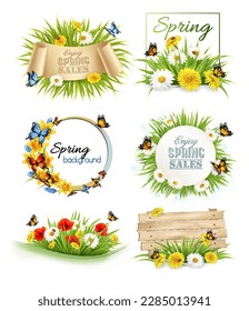 Set of spring sale banners and frames with colorful spring flowers and butterflies. Vector.