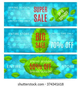 Set of spring sale banners with leafs. Elegant spring templates of banners with green leafs. Vector illustration.