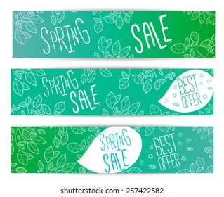 Set of spring sale banners with leaves and typography 