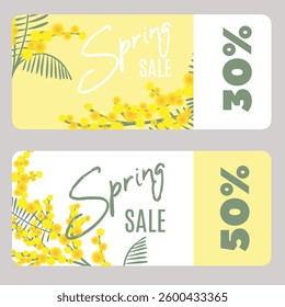 Set spring sale banners with mimosa flowers on yellow background.