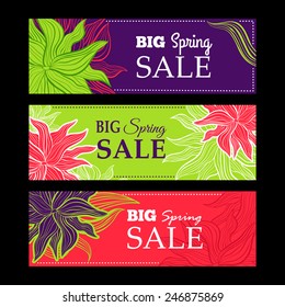 Set of spring sale banners with nature lace flowers