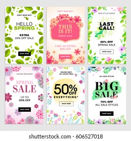 Set of spring sale banners. Vector illustrations for website banners, mobile banners, newsletter designs, ads, coupons, social media banners.