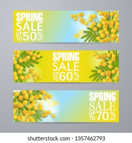 Set of spring sale horizontal banners with yellow mimosa. Realistic branches, green leafs. Blank template, vector mockup for site banners, ads, booklet, poster, flyer. Discounts up to 50%, 60% 70%.