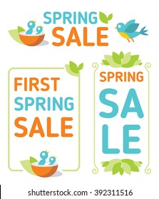 Set of spring sale illustrations. Decorative concepts with birds, leaves, plants and borders.