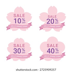 Un conjunto de sellos de rebajas de primavera con Formas y cintas de flores de cerezo rosa. Ideal para promociones de la temporada de primavera, marketing minorista y publicidad en redes sociales.