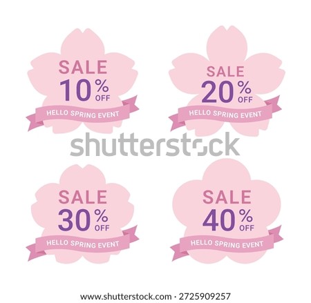A set of spring sale labels featuring pink cherry blossom shapes and ribbons. Ideal for spring season promotions, retail marketing, and social media advertising.