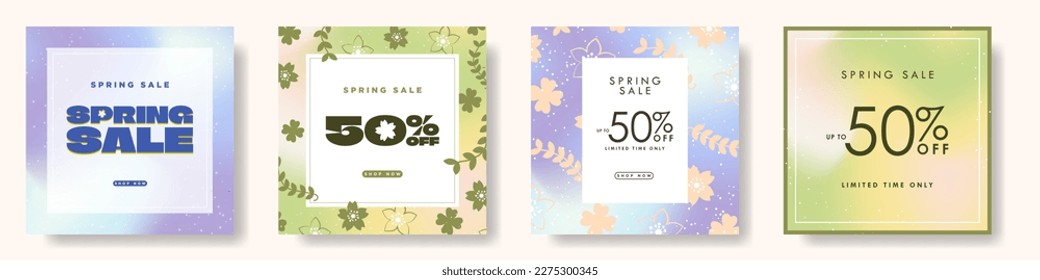 Set of Spring Sale Poster Cards on gradient backgrounds, Trendy and colorful floral designs with 50% off discount tag, spring sale typography. Vector Illustration. EPS 10.