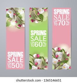 Set of spring sale vertical banners with pink sakura. 3d Realistic branches, green leafs. Blank template, vector mockup for site banners, ads, booklet, poster, flyer. Discounts to 50, 60, 70%