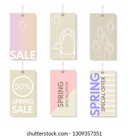 Set of spring sales tags with tulips,stripes and typography. Vector illustration.