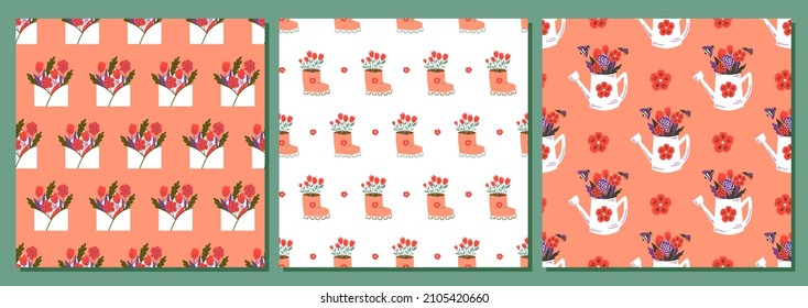  Set of spring seamless patterns with flowers, watering cans and boots. Cute vector backgrounds.