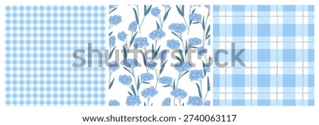 Set of spring seamless patterns with gingham vichy plaid and blue flowers. Soft pastel vector backgrounds for fabric, wrapping paper, and stationery