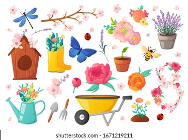 Set of spring season gardening objects and flowers. Vector design element for greeting and advertising products.