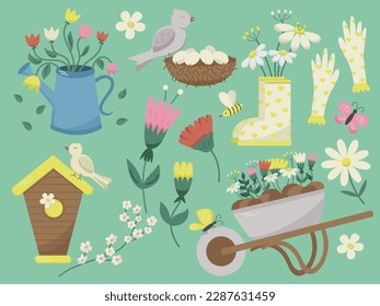 Set of spring season gardening objects, birds nest and house, flowers. Vector design element for greeting and advertising products.