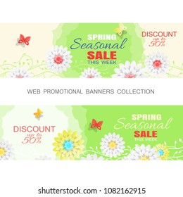 Set of Spring seasonal Sale banners on the gradient beige and green background with curly branches of flowers, butterflies, text, flowers.