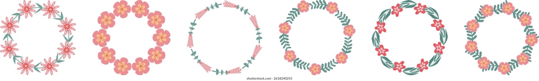 Set spring simple pink flower circle frame isolated on white Round floral border Leaves and flowers, wedding invitation and cards, logo design and posters template Copy space for text Summer design