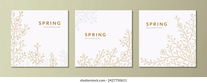 Set of spring social media square post templates. Japanese sakura cherry blossom. Gold and silver branches. Botany background. Hand drawn sketch vector illustration. Wedding invitation design