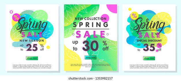 Set of spring special offer banners.Trendy templates with gradient backgrounds,fluid shapes and geometric elements.Sale posters perfect for prints, flyers banners, promotional ad, special offers.