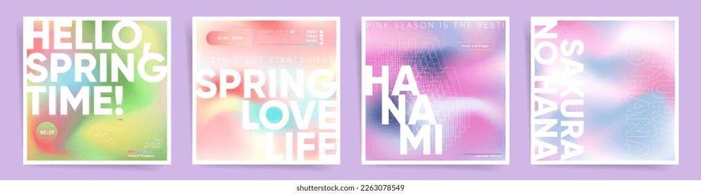 Set of spring square post backgrounds in mesh gradient modern design. Futuristic gradients with text for covers, posts, poster templates. Holographic aesthetic colorful spring sale creatives.